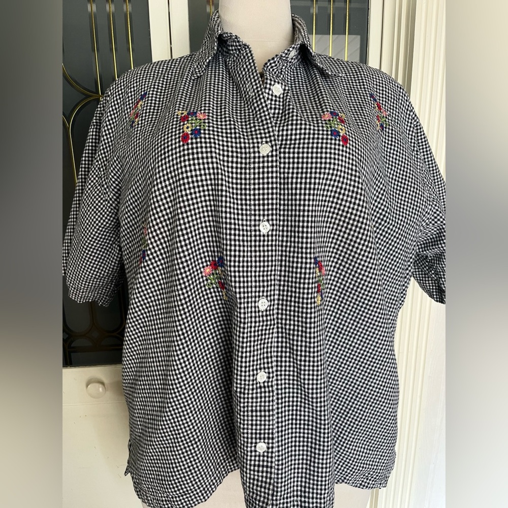 Company One Y2K 2X Black White Gingham Floral Embroidered Blouse